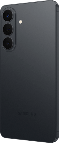 Achterkant van de zwarte Samsung Galaxy S26 plus, rechtsom gedraaid