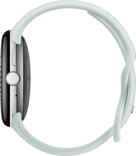 De zijkant van de lichtgrijze Pixel Watch 5