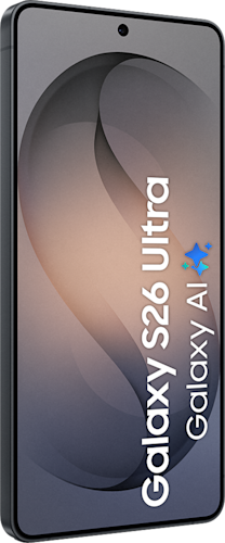 Voorkant van de zwarte Samsung Galaxy S26 Ultra, linksom gedraaid