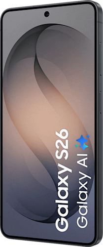 Voorkant van de zwarte Samsung Galaxy S26, rechtsom gedraaid