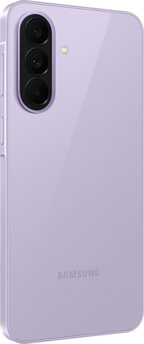 Achterkant van de lichtpaarse Samsung Galaxy A37, linksom gedraaid