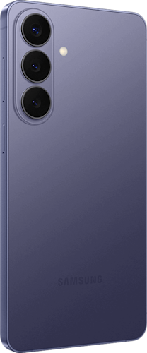 Achterkant van de donkerpaarse Samsung Galaxy S26 plus, linksom gedraaid