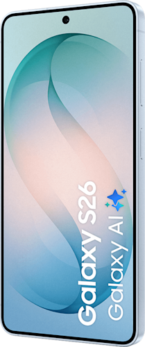 Voorkant van de lichtblauwe Samsung Galaxy S26, rechtsom gedraaid