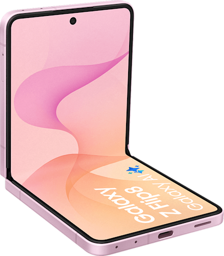 Zijaanzicht van de voorkant van de roze Samsung Galaxy Z Flip8