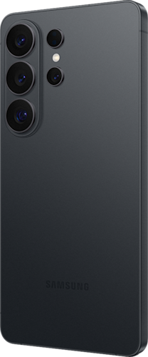 Achterkant van de zwarte Samsung Galaxy S26 Ultra, rechtsom gedraaid