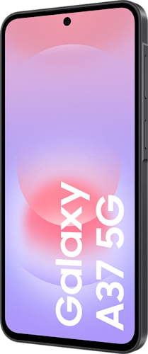 Voorkant van de zwarte Samsung Galaxy A37, linksom gedraaid