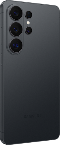 Achterkant van de zwarte Samsung Galaxy S26 Ultra, linksom gedraaid