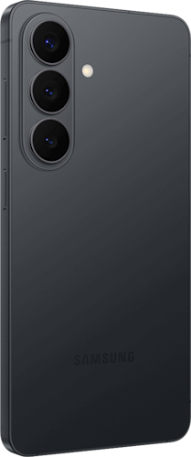 Achterkant van de zwarte Samsung Galaxy S26, linksom gedraaid