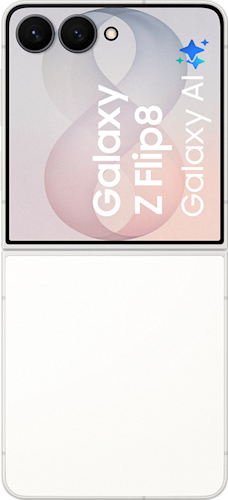 De achterkant van de witte Samsung Galaxy Z Flip8