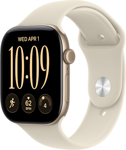 De zijkant van de mat gouden Apple Watch Series 12 met beige bandje