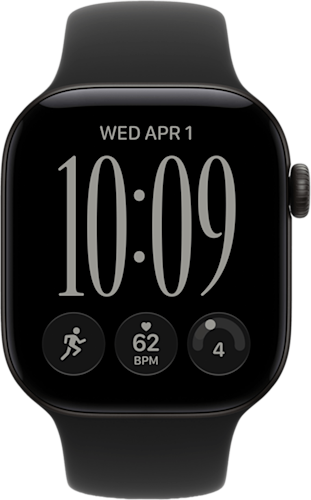 De voorkant van de zwarte Apple Watch Series 12 met zwart bandje
