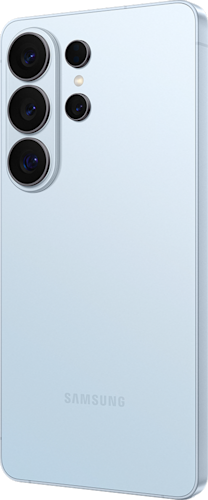 Achterkant van de lichtblauwe Samsung Galaxy S26 Ultra, rechtsom gedraaid