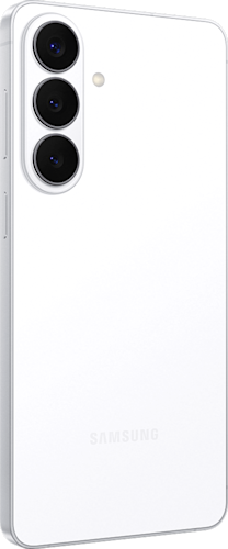 Achterkant van de witte Samsung Galaxy S26 plus, linksom gedraaid