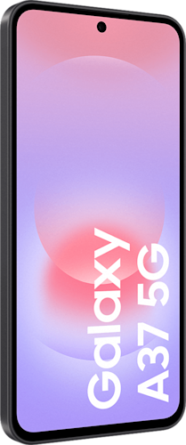 Voorkant van de zwarte Samsung Galaxy A37, rechtsom gedraaid