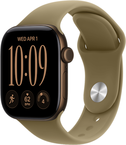 De zijkant van de bronzen Apple Watch Series 12 met olijfgroen bandje