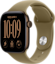 De zijkant van de bronzen Apple Watch Series 12 met olijfgroen bandje