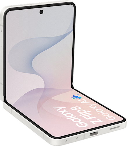 Het zijaanzicht van de witte Samsung Galaxy Z Flip8