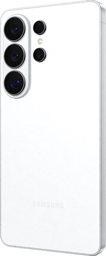 Achterkant van de witte Samsung Galaxy S26 Ultra, rechtsom gedraaid