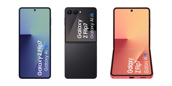 De Samsung Galaxy Z Flip7 blauw, zwart en rood naast elkaar