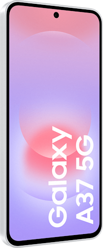 Voorkant van de witte Samsung Galaxy A37, rechtsom gedraaid