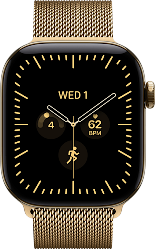 De voorkant van de glans gouden Apple Watch Series 12 met gouden bandje