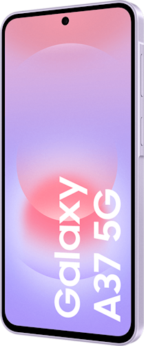 Voorkant van de lichtpaarse Samsung Galaxy A37, linksom gedraaid