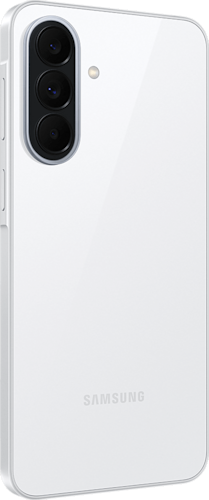 Achterkant van de witte Samsung Galaxy A37, linksom gedraaid