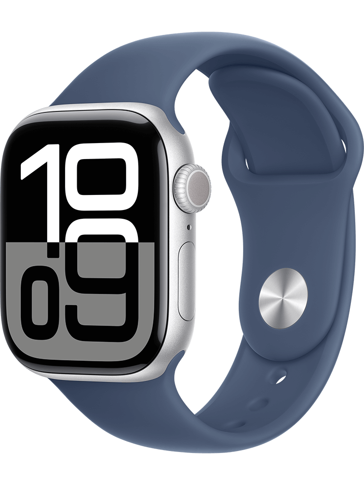 Apple Watch Series 10 GPS Cell 42mm Silver Aluminium Case with Denim Sport Band S-M