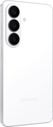 Achterkant van de witte Samsung Galaxy S26, linksom gedraaid