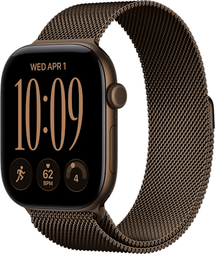 De zijkant van de bronzen Apple Watch Series 12 met bronzen bandje