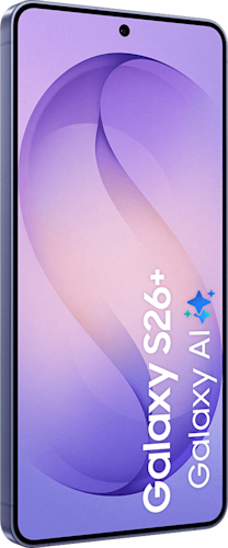 Voorkant van de donkerpaarse Samsung Galaxy S26 plus, rechtsom gedraaid