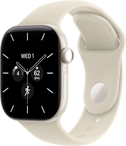De zijkant van de witte Apple Watch Series 12 met wit bandje