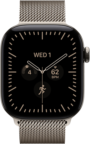 De voorkant van de naturel Apple Watch Series 12 met naturel bandje
