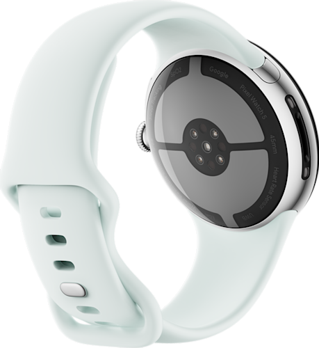 De achterkant van de lichtgrijze Pixel Watch 5