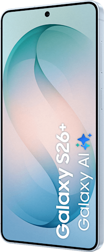 Voorkant van de lichtblauwe Samsung Galaxy S26 plus, linksom gedraaid