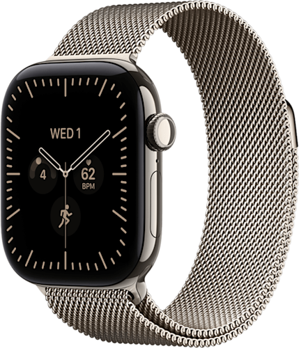De zijkant van de naturel Apple Watch Series 12 met naturel bandje