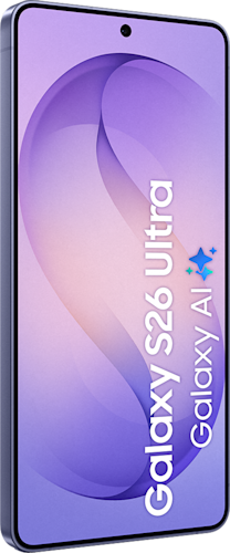 Voorkant van de donkerpaarse Samsung Galaxy S26 Ultra, rechtsom gedraaid