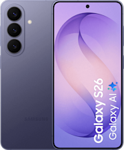 Voor- en achterkant van de donkerpaarse Samsung Galaxy S26