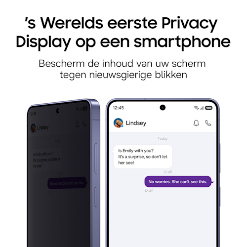 De S26 Ultra met de tekst ''s Werelds eerste Privacy Display op een smartphone. Bescherm de inhoud van uw scherm tegen nieuwsgierige blikken'.
