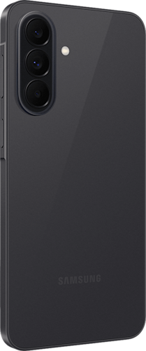 Achterkant van de zwarte Samsung Galaxy A37, linksom gedraaid