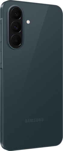 Achterkant van de grijsgroene Samsung Galaxy A37, linksom gedraaid