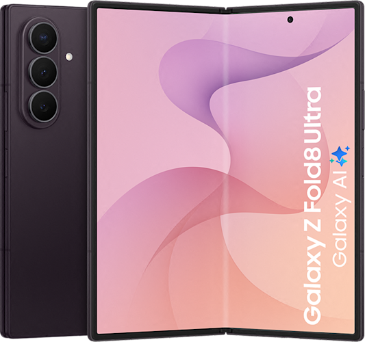 De achterkant en opengeklapte paarse Samsung Galaxy Z Fold8 Ultra