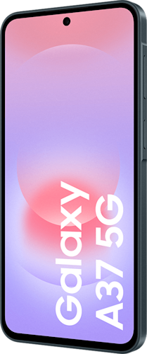 Voorkant van de grijsgroene Samsung Galaxy A37, linksom gedraaid