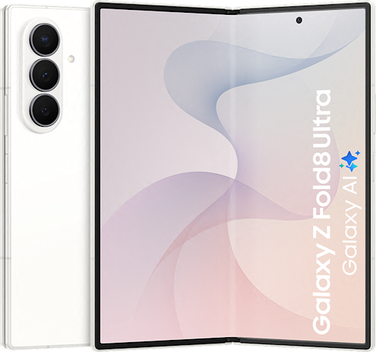 De achterkant en opengeklapte witte Samsung Galaxy Z Fold8 Ultra