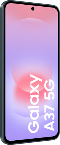 Voorkant van de grijsgroene Samsung Galaxy A37, rechtsom gedraaid