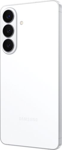 Achterkant van de witte Samsung Galaxy S26 plus, rechtsom gedraaid