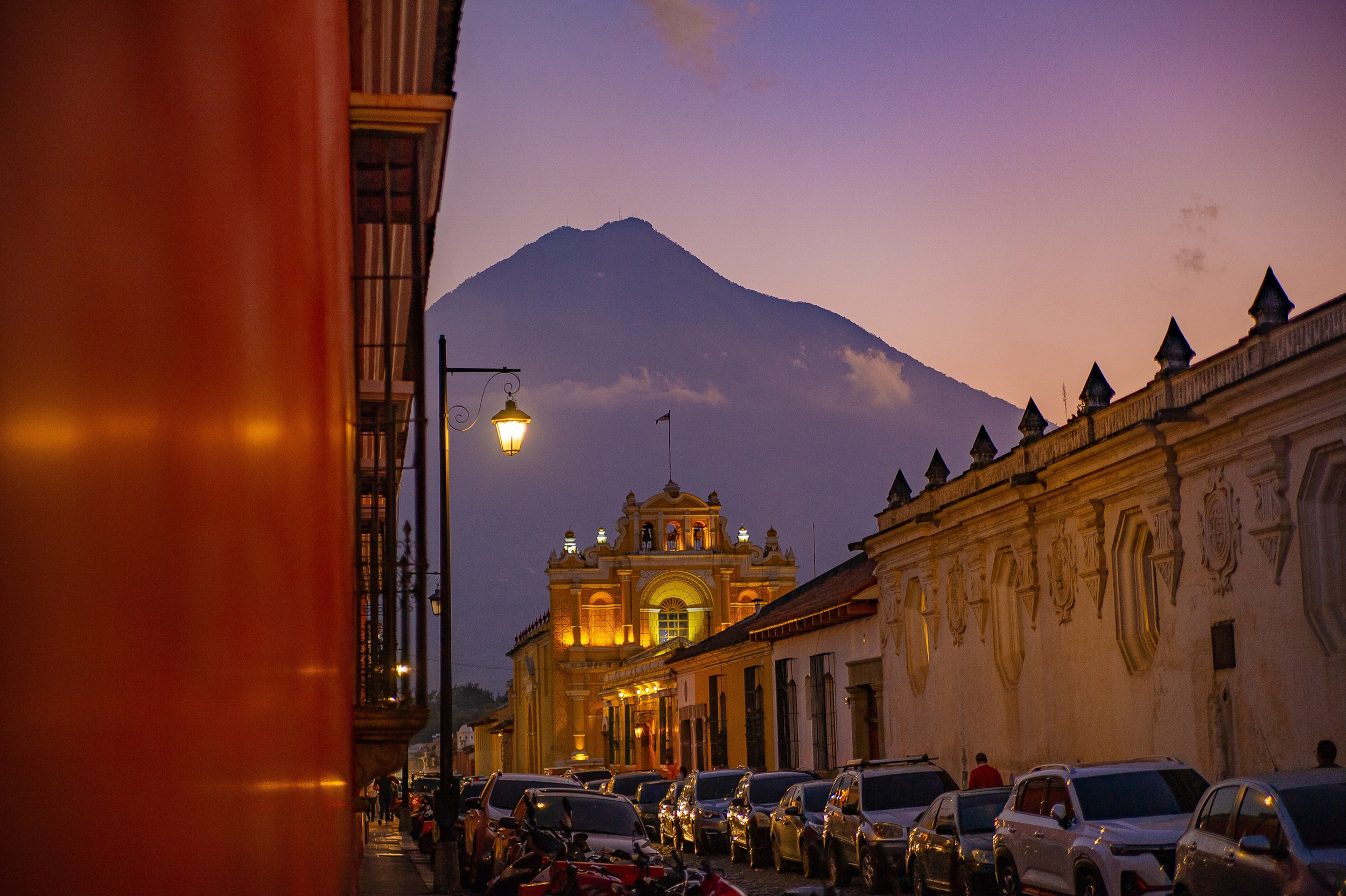 Antigua at dusk with Volcán de Agua behind