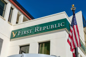 First Republic Bank sign and golden eagle logo near bank branch in Silicon valley