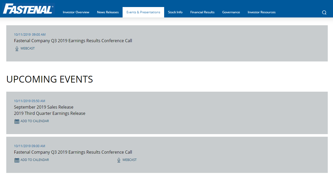 Upcoming earnings call of Fastenal