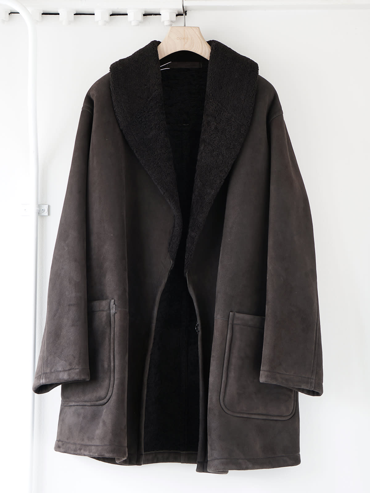 sheep skin shawl collar coat mouton a2